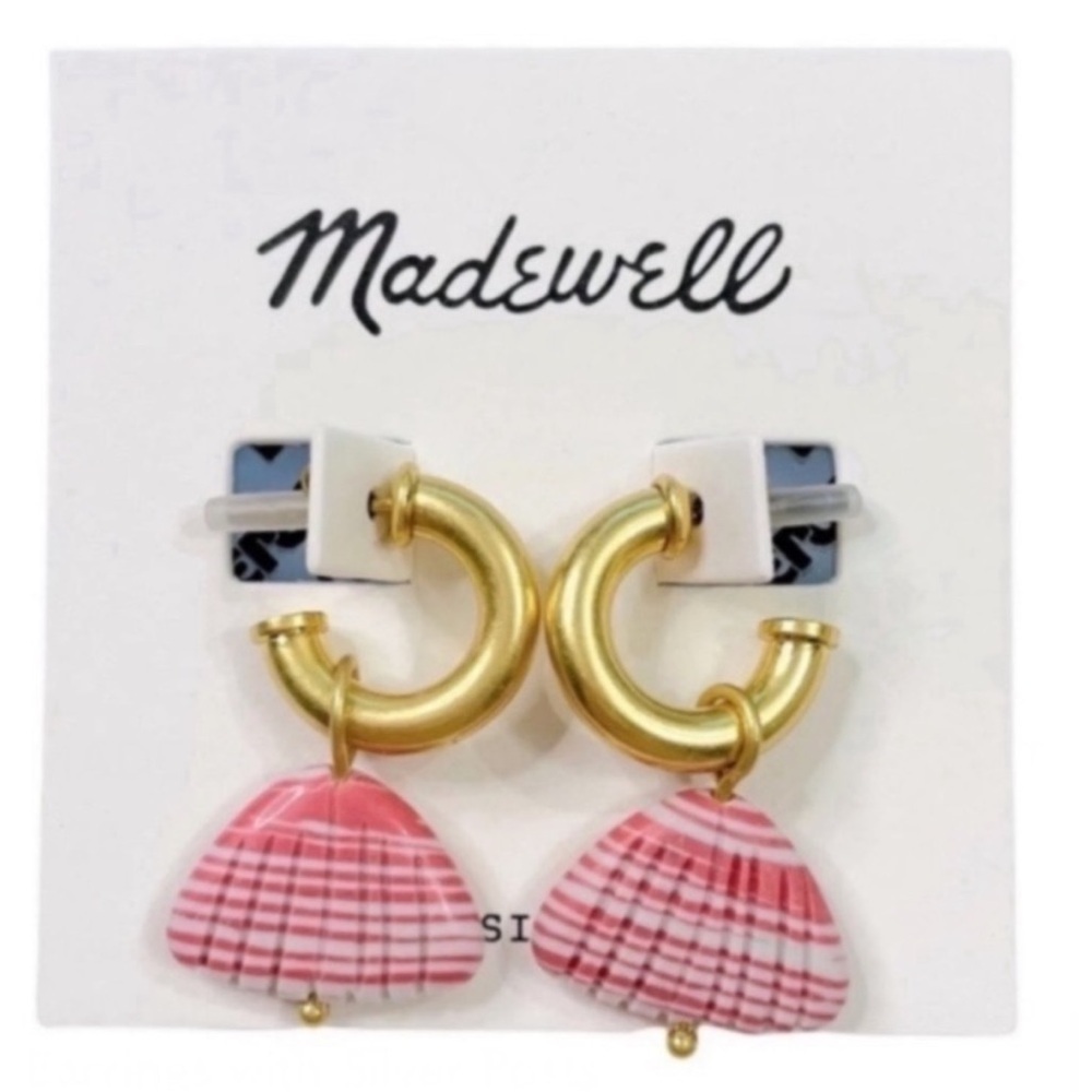 Madewell White Stone Seashell Shell Charm Mini Gold-Tone Hoop Earrings